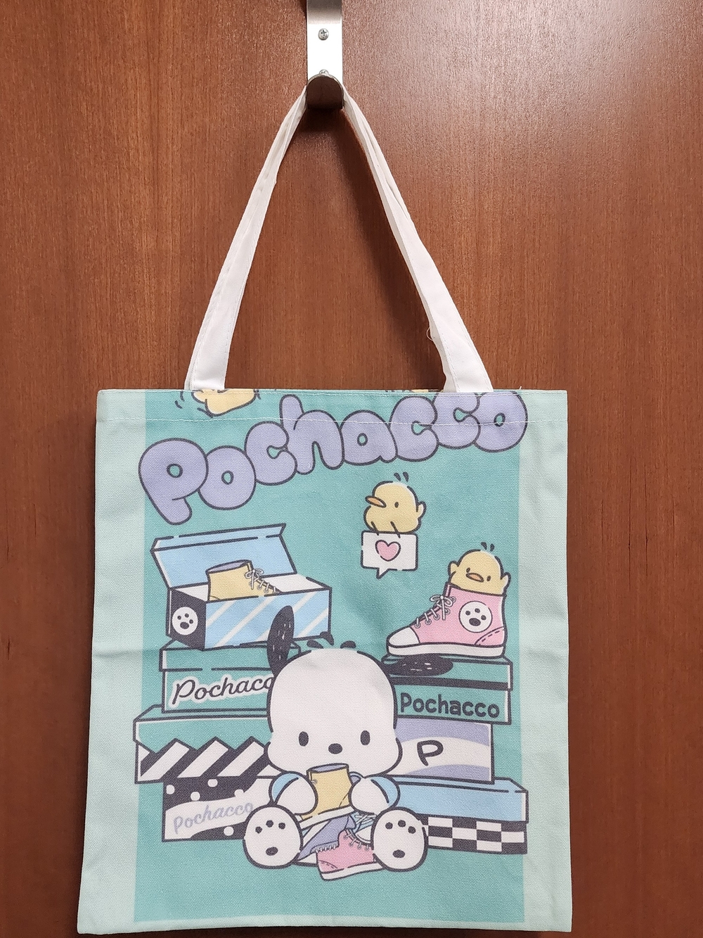 Pochacco Tote Bag in Mint with White Handles